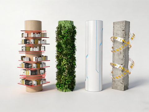 现代艺术装置圆柱 红色螺旋书架柱 绿植覆盖树桩柱 蓝线装饰白su模型