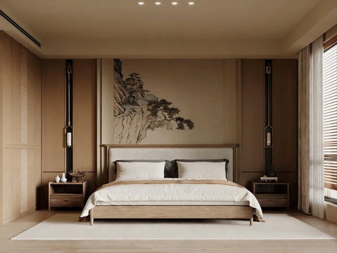 新中式禅意家居卧室 宋式卧室 卧室背景墙 双人床 衣柜su模型