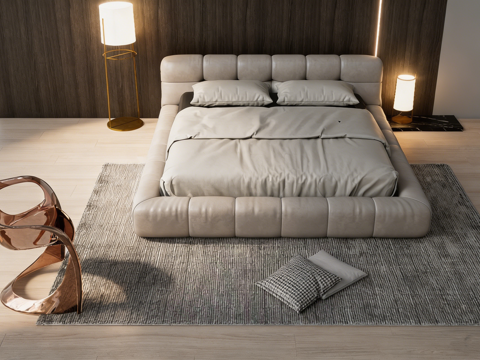 现代简约温馨主卧 方形软包床 玫瑰金椅 金色落地灯 木饰背景su模型