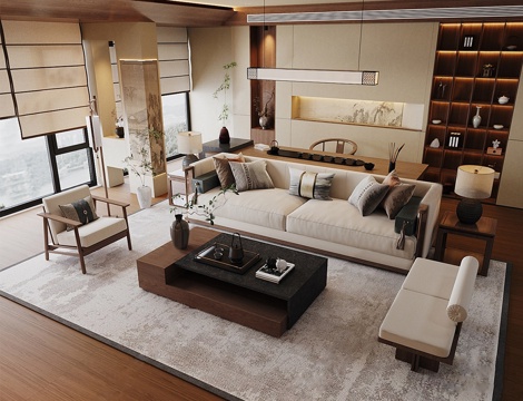 新中式家居客厅 会客室 宋式客厅 沙发组合 沙发背景墙su模型