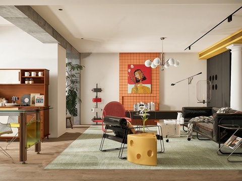 现代家居客厅 现代包豪斯客厅 沙发组合 餐桌 边柜su模型