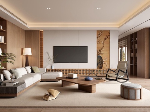 新中式家居客厅 宋代美学客厅 沙发茶几组合 沙发背景墙su模型