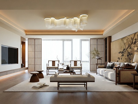 新中式家居客厅 会客室 宋式客厅 沙发组合 电视背景墙su模型