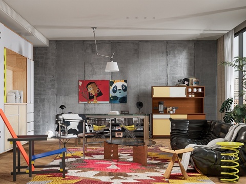 现代家居客厅  包豪斯客餐厅 中古沙发组合 餐桌su模型