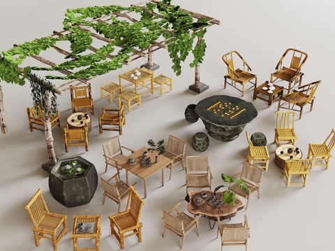 新中式户外桌椅组合 竹编桌椅su模型