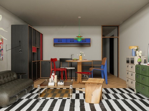 现代家居客厅 现代包豪斯客厅 沙发组合 餐桌 边柜su模型