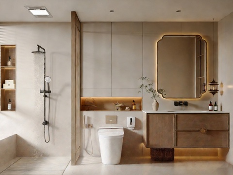 新中式中式卫生间 干湿分离卫生间 卫浴柜 卫浴镜su模型