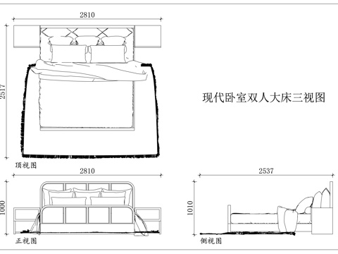 主卧大床 简约婚床 北欧双人床 轻奢主卧床 极简大床cad施工图