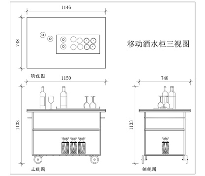 移动酒柜 可移酒柜 滚轮酒柜 移动餐边柜 移动酒水车cad施工图