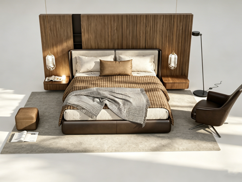 现代简约温馨主卧 棕色皮床 皮椅格子毯 球形吊灯 翻开的书su模型