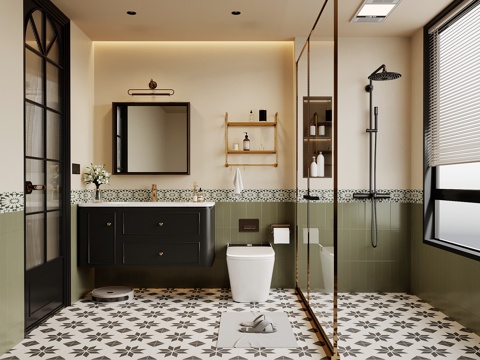 法式复古风卫生间 浴室柜 花洒 马桶su模型