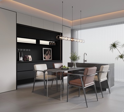 现代意式餐厅 餐桌椅 餐边柜su模型