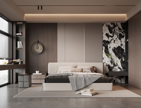 现代意式卧室 双人床 书桌椅 衣柜 床头柜su模型