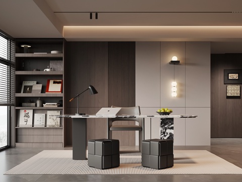 现代意式书房 书桌椅 背景墙 书柜su模型