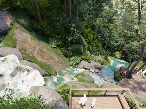 现代景观公园 栈道 瀑布 自然景观 跌水su模型