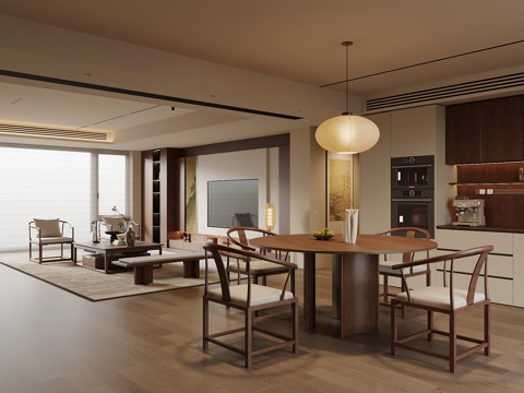 新中式中式宋式客餐厅 宋式风客餐厅su模型