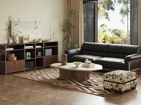 侘寂中古客厅 法式客厅 边柜 三人沙发su模型