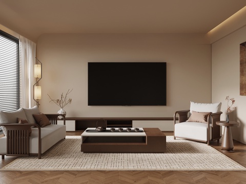 新中式客厅 双人沙发 休闲椅 茶几 电视柜su模型