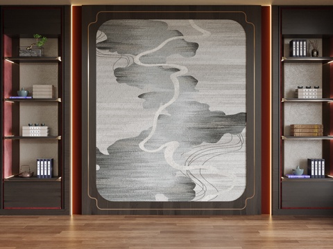 新中式背景墙 茶室背景墙 书房背景墙su模型