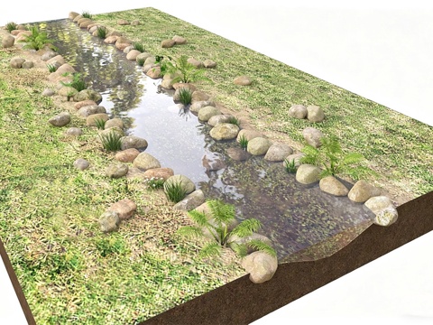 现代滨水景观 河道水景 野外河流 小溪滩 小草 水生植物su模型