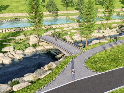 现代新中式滨水景观 自然水溪流 泉水溪流su模型