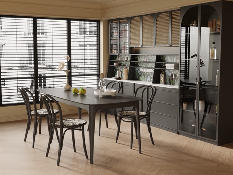 法式复古餐厅 餐桌椅 餐边柜su模型