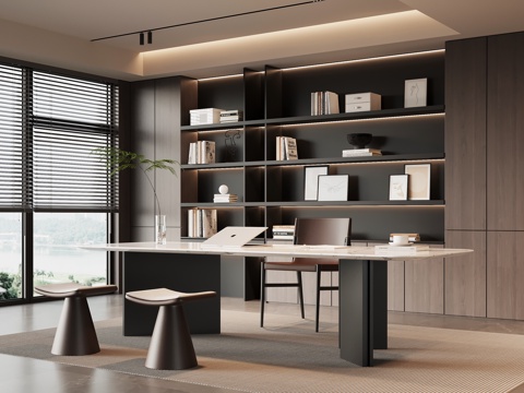 现代意式书房 书桌椅 书柜su模型