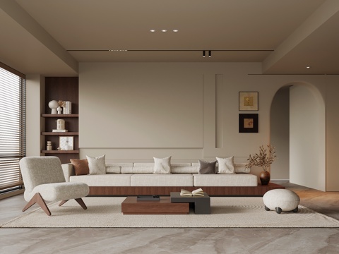 现代中古风客厅 背景墙 沙发茶几组合su模型