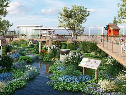 现代极简滨水景观 木平台 亲水平台 滨水景观su模型