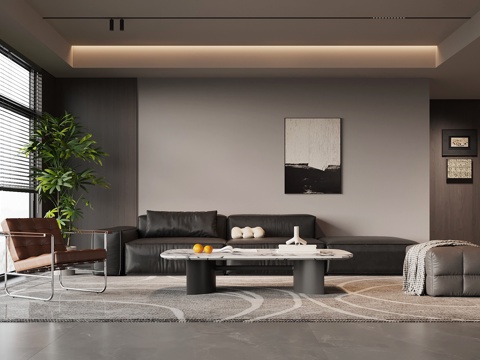 现代意式客厅 多人沙发 休闲椅 茶几su模型