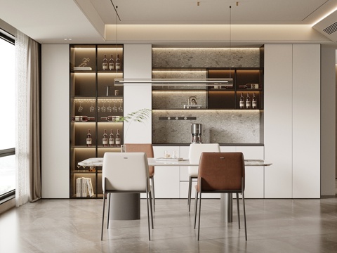 现代意式餐厅 餐边柜 餐桌椅su模型