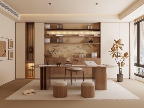 新中式书房su模型