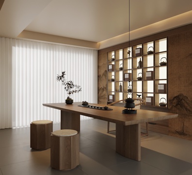 新中式茶室 茶桌椅 背景墙茶柜su模型