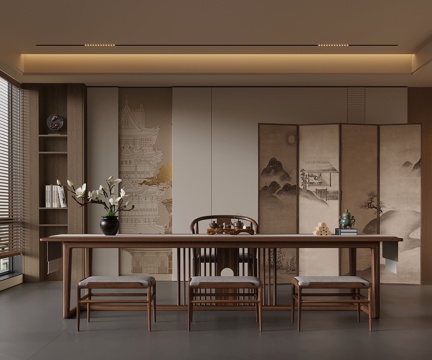 新中式茶室 茶桌椅su模型