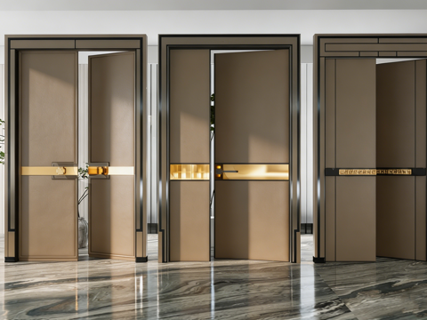 现代轻奢极窄边框室内门 米棕深棕色 带金色装饰条 极窄边框门su模型