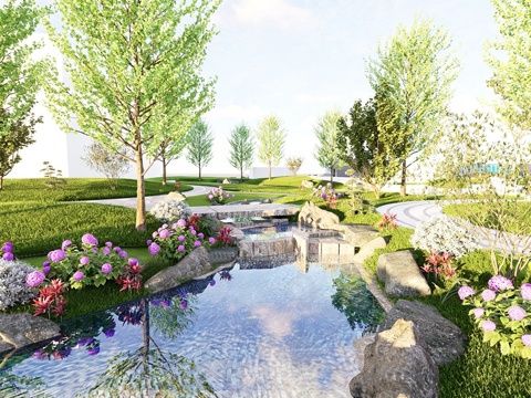 新中式滨水景观 自然水溪流 叠水景观 山泉水su模型