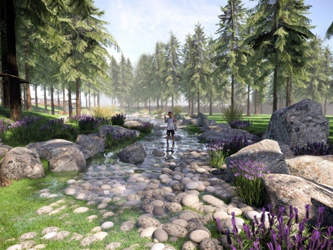 现代雨水景观花园 旱溪小溪 生态河流 湿地公园水流 花草树木su模型