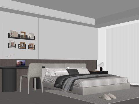 现代极简卧室 双人床 背景墙 书桌椅su模型