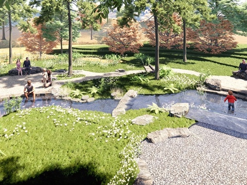 现代简约滨水景观 旱溪戏水  自然亲水儿童乐园su模型