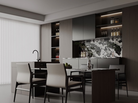 现代意式餐厅 餐边柜 餐桌椅 岛台su模型