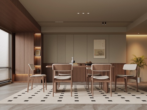 现代中古风餐厅 餐桌椅 背景墙su模型