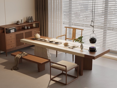 侘寂中古茶室 茶桌椅 茶柜su模型