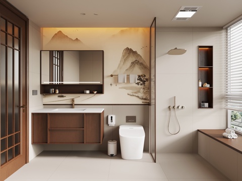 新中式卫生间 浴室柜 花洒淋浴su模型