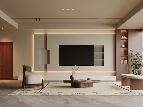 现代中古风客厅 沙发茶几组合 电视背景墙su模型