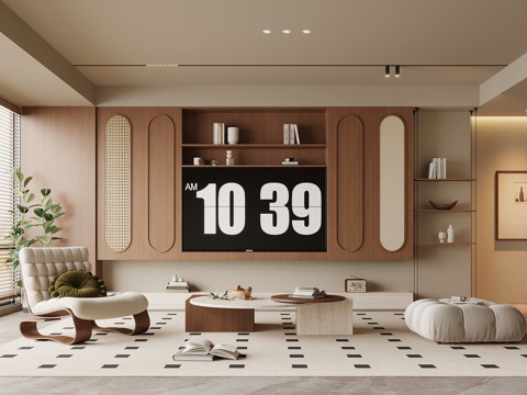 侘寂中古风客厅 电视柜 休闲椅 茶几su模型