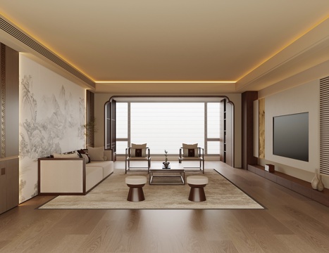 新中式宋式餐厅 沙发茶几组合 电视背景墙su模型