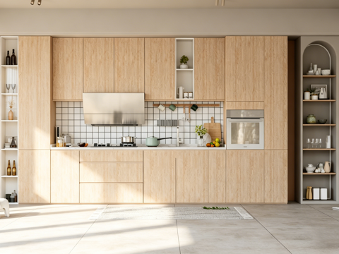 现代简约浅木色温馨厨房 橱柜拱形架 方格砖厨具软装 厨房设计su模型