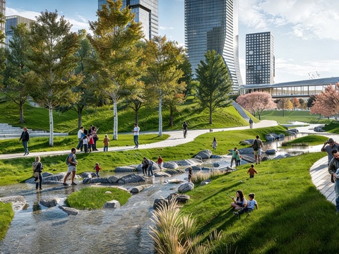 现代滨水景观 湿地公园 旱溪亲水溪流su模型