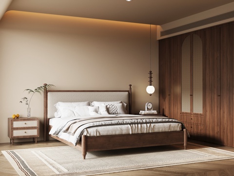 侘寂中古卧室 双人床su模型