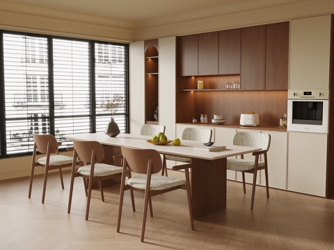 侘寂中古风餐厅 餐桌椅 餐边柜su模型